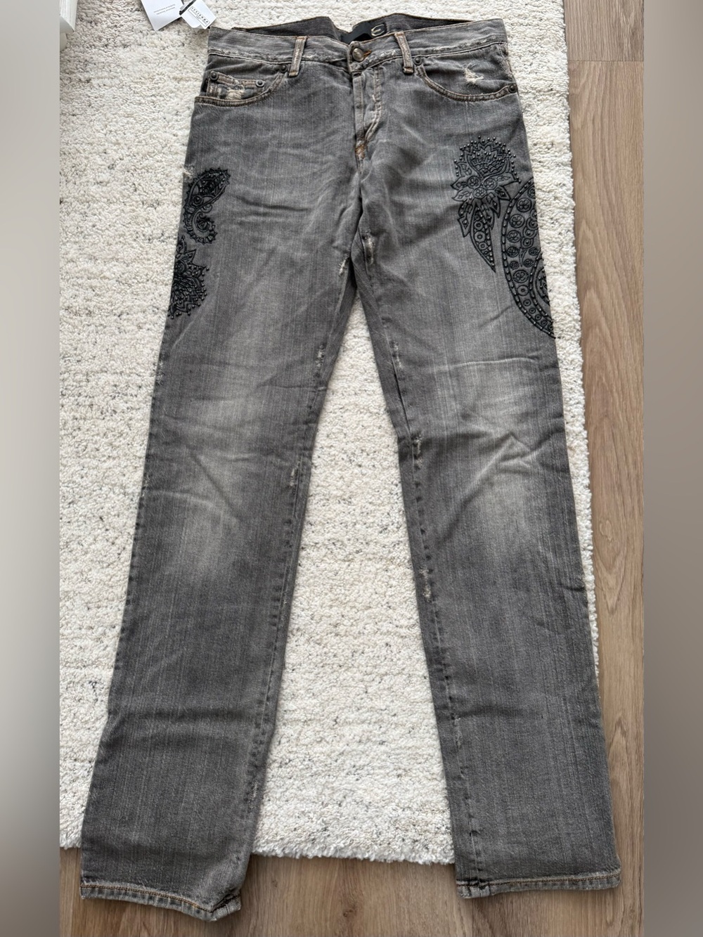 NWT Just Cavalli Men’s Jeans Size 33 Gray Black Slim Embroidered Studded Italy